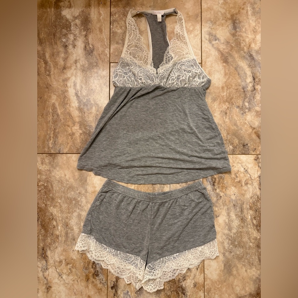 Fleur't Lace Sleeveless Sleepwear PJ Short Set Women's Size S Gray/White